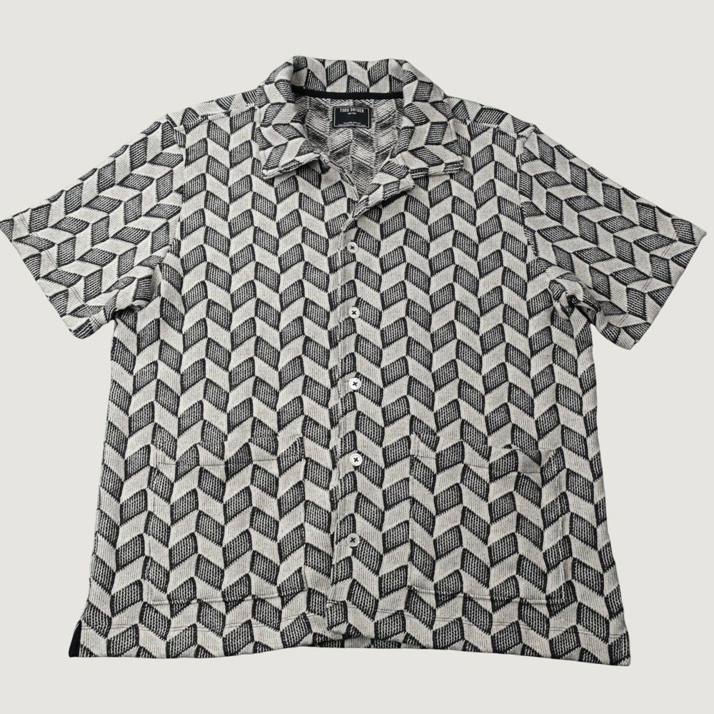 Todd Snyder Knit Shirt Geometric Cube Camp Collar L Black White Cotton Blend